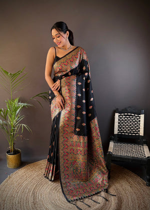 Black Pashmina Silk Kashmiri Meena Woven Designer Saree with Blouse