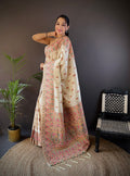 Off White Pashmina Silk Kashmiri Meena Woven Designer Saree with Blouse