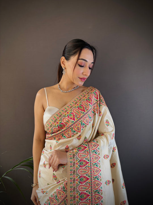 Off White Pashmina Silk Kashmiri Meena Woven Designer Saree with Blouse