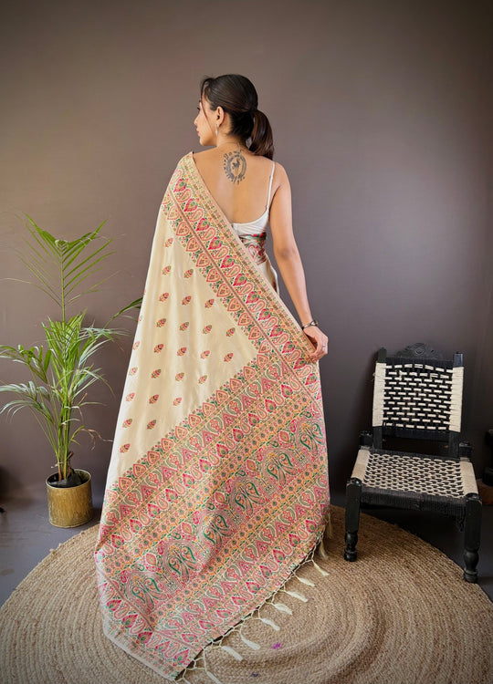 Off White Pashmina Silk Kashmiri Meena Woven Designer Saree with Blouse