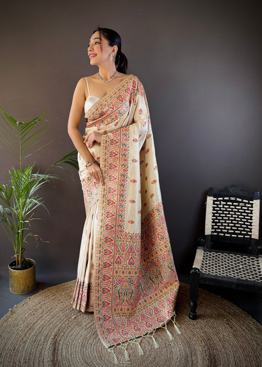 Off White Pashmina Silk Kashmiri Meena Woven Designer Saree with Blouse