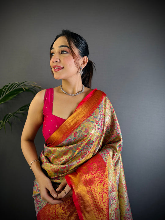 Multicolor Premium Dharmavaram Silk Meenakari Weaving Designer Saree with Blouse