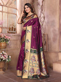 Wine Paithani Silk Meenakari Woven Designer Saree With Blouse