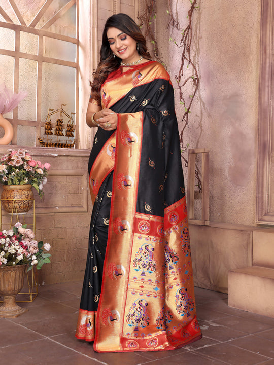 Black Paithani Silk Meenakari Woven Designer Saree With Blouse