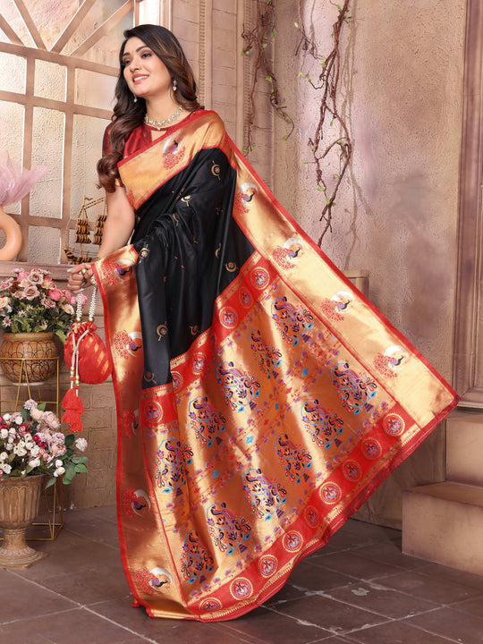 Black Paithani Silk Meenakari Woven Designer Saree With Blouse