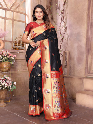 Black Paithani Silk Meenakari Woven Designer Saree With Blouse