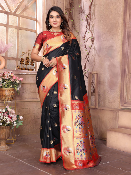 Black Paithani Silk Meenakari Woven Designer Saree With Blouse