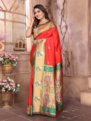 Red Paithani Silk Meenakari Woven Designer Saree With Blouse