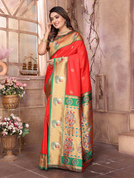Red Paithani Silk Meenakari Woven Designer Saree With Blouse