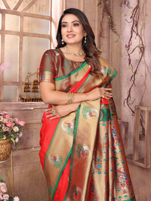 Red Paithani Silk Meenakari Woven Designer Saree With Blouse