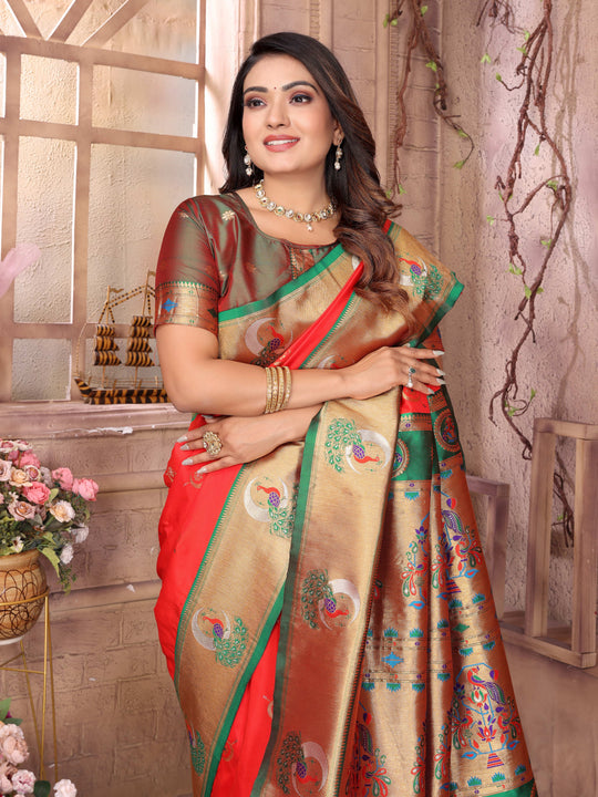 Red Paithani Silk Meenakari Woven Designer Saree With Blouse