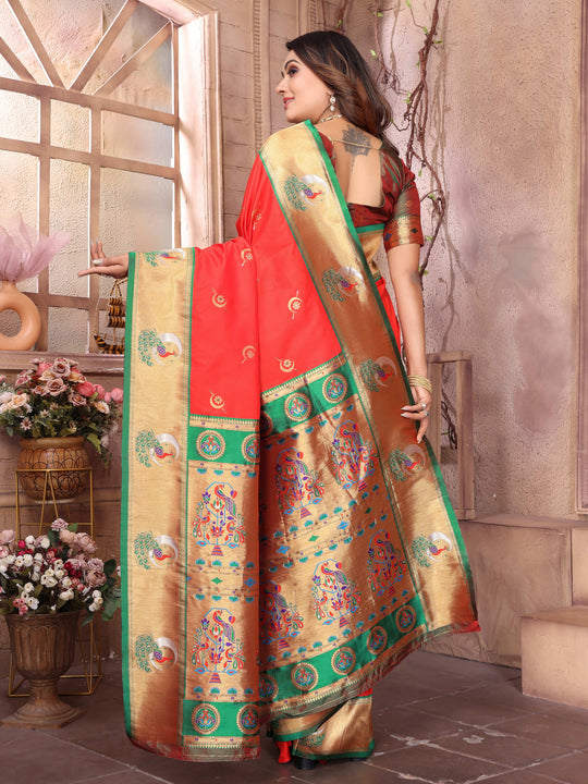 Red Paithani Silk Meenakari Woven Designer Saree With Blouse