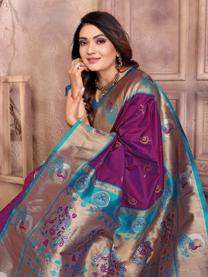 Purple Paithani Silk Meenakari Woven Designer Saree With Blouse