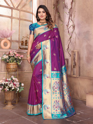 Purple Paithani Silk Meenakari Woven Designer Saree With Blouse