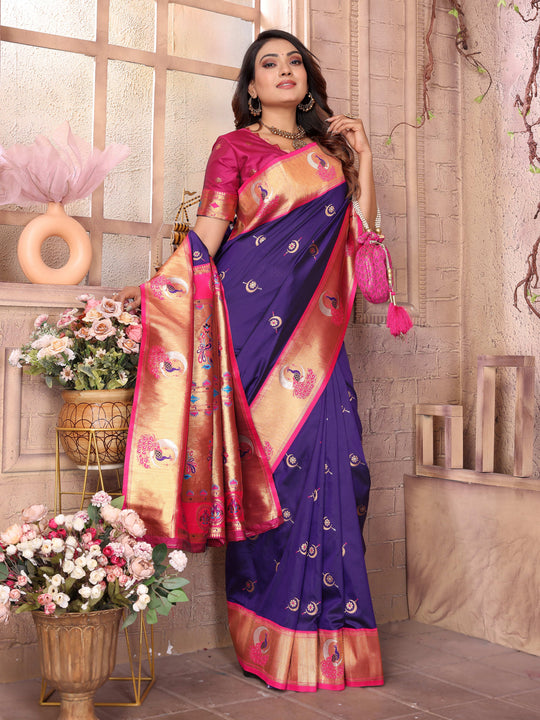 Blue Paithani Silk Meenakari Woven Designer Saree With Blouse