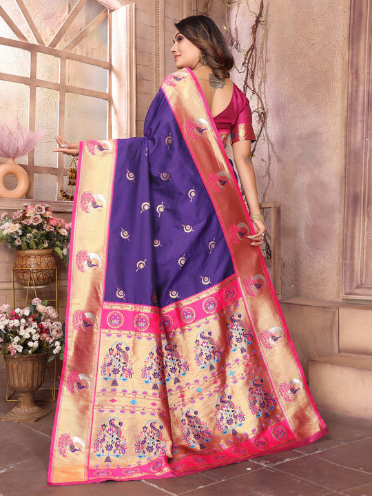 Blue Paithani Silk Meenakari Woven Designer Saree With Blouse