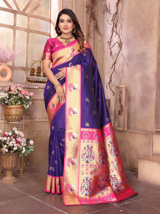 Blue Paithani Silk Meenakari Woven Designer Saree With Blouse