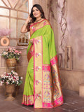 Parrot Green Paithani Silk Meenakari Woven Designer Saree With Blouse