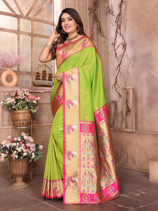 Parrot Green Paithani Silk Meenakari Woven Designer Saree With Blouse