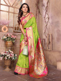 Parrot Green Paithani Silk Meenakari Woven Designer Saree With Blouse