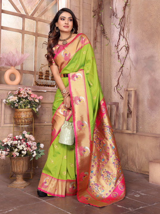 Parrot Green Paithani Silk Meenakari Woven Designer Saree With Blouse