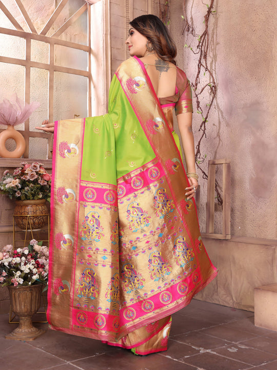 Parrot Green Paithani Silk Meenakari Woven Designer Saree With Blouse