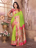 Parrot Green Paithani Silk Meenakari Woven Designer Saree With Blouse