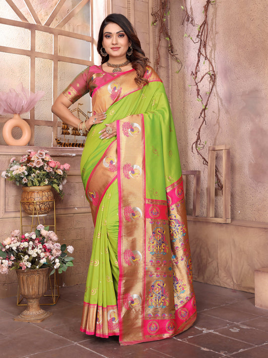 Parrot Green Paithani Silk Meenakari Woven Designer Saree With Blouse