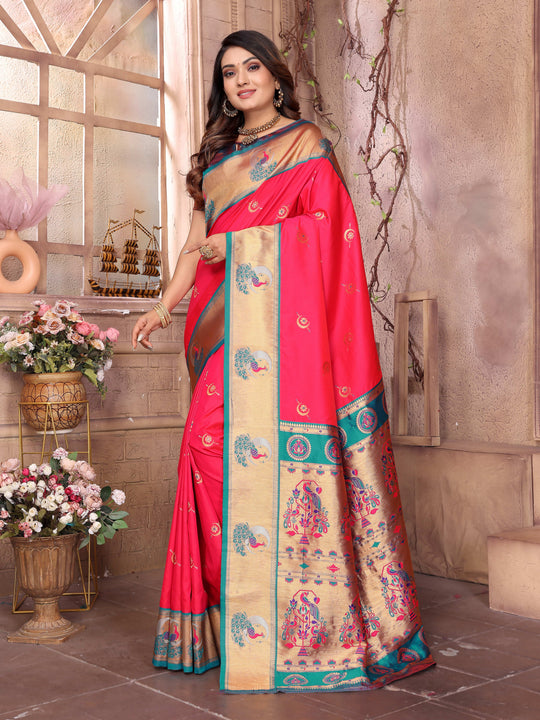 Rani Pink Paithani Silk Meenakari Woven Designer Saree With Blouse