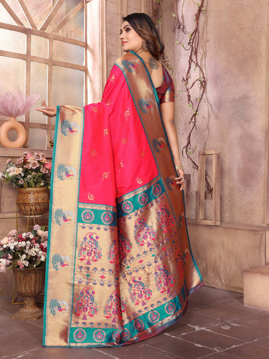 Rani Pink Paithani Silk Meenakari Woven Designer Saree With Blouse