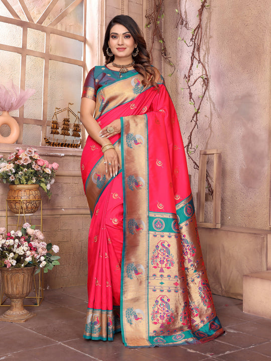 Rani Pink Paithani Silk Meenakari Woven Designer Saree With Blouse