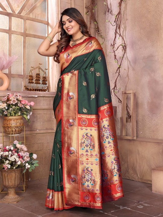 Bottle Green Paithani Silk Meenakari Woven Designer Saree With Blouse