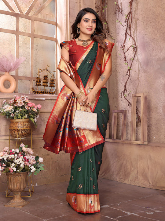 Bottle Green Paithani Silk Meenakari Woven Designer Saree With Blouse