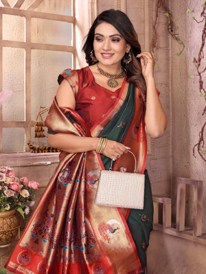 Bottle Green Paithani Silk Meenakari Woven Designer Saree With Blouse