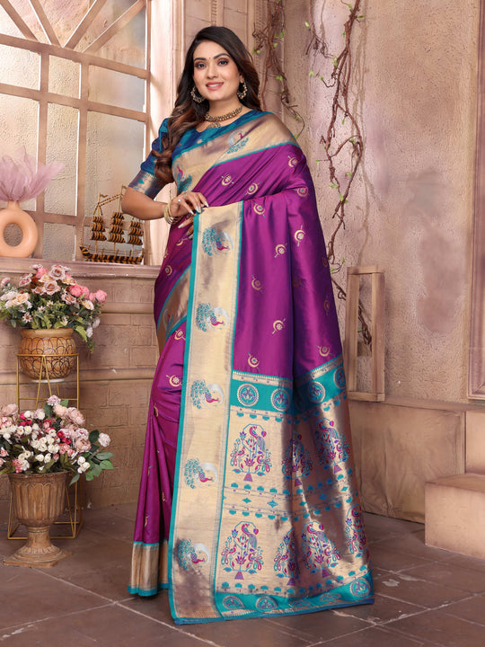 Purple Paithani Silk Meenakari Woven Designer Saree With Blouse