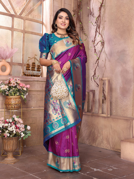 Purple Paithani Silk Meenakari Woven Designer Saree With Blouse