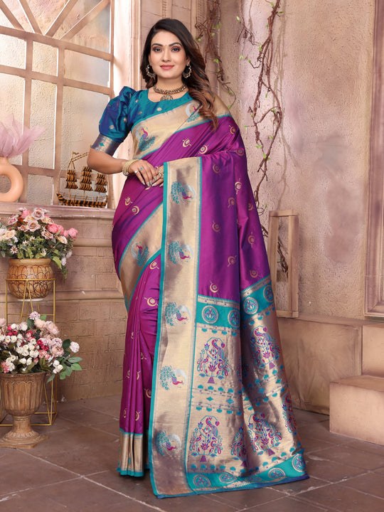 Purple Paithani Silk Meenakari Woven Designer Saree With Blouse