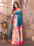 Turquoise Paithani Silk Meenakari Woven Designer Saree With Blouse