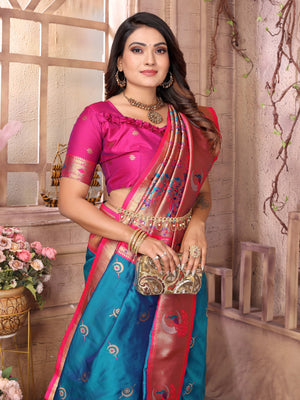 Turquoise Paithani Silk Meenakari Woven Designer Saree With Blouse