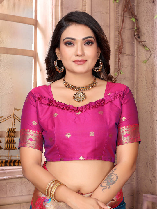 Turquoise Paithani Silk Meenakari Woven Designer Saree With Blouse