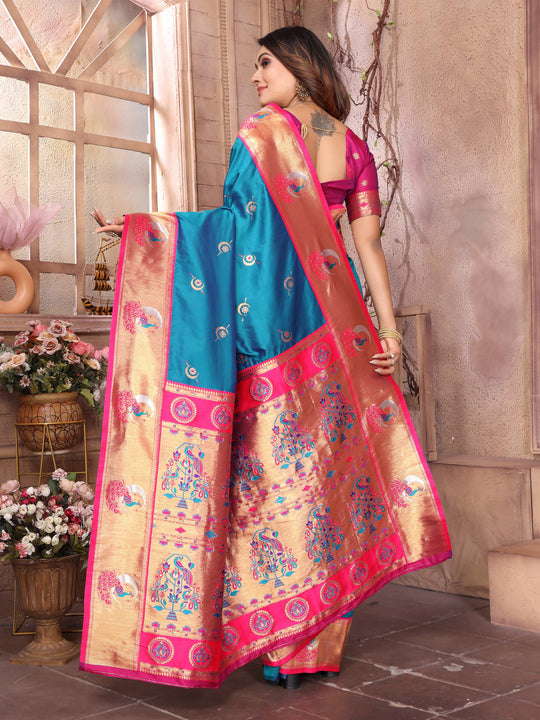 Turquoise Paithani Silk Meenakari Woven Designer Saree With Blouse