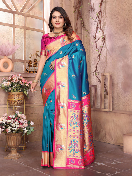 Turquoise Paithani Silk Meenakari Woven Designer Saree With Blouse