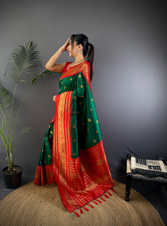 Bottle Green Soft Silk Zari Woven Designer Saree With Blouse