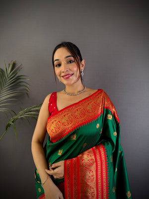 Bottle Green Soft Silk Zari Woven Designer Saree With Blouse