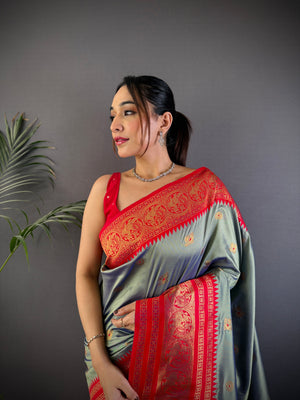 Grey Soft Silk Zari Woven Designer Saree With Blouse