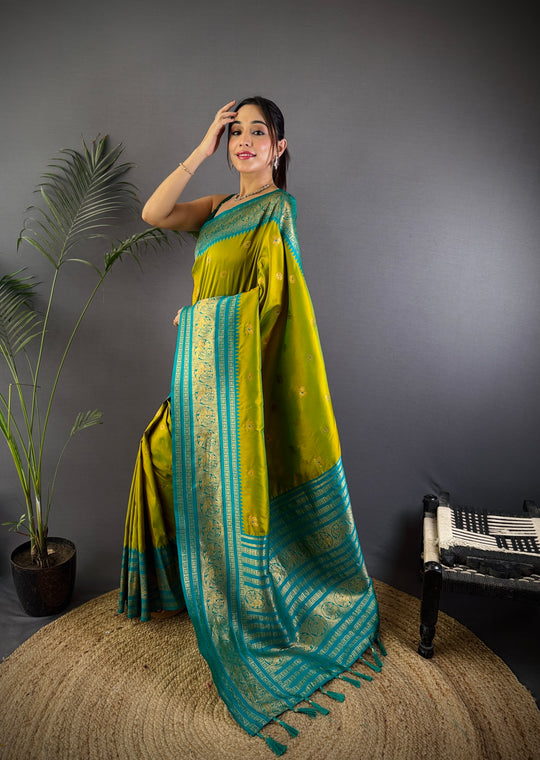 Parrot Green Soft Silk Zari Woven Designer Saree With Blouse
