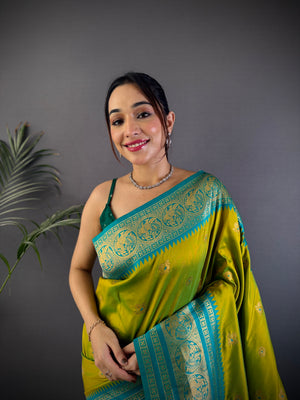 Parrot Green Soft Silk Zari Woven Designer Saree With Blouse