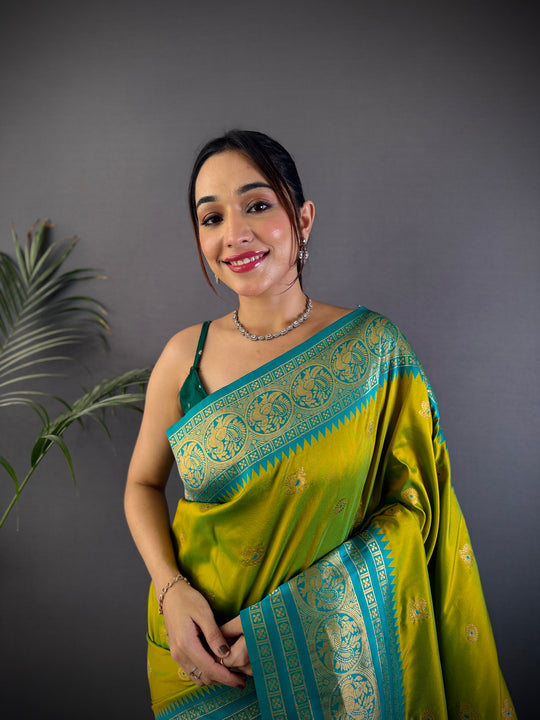 Parrot Green Soft Silk Zari Woven Designer Saree With Blouse