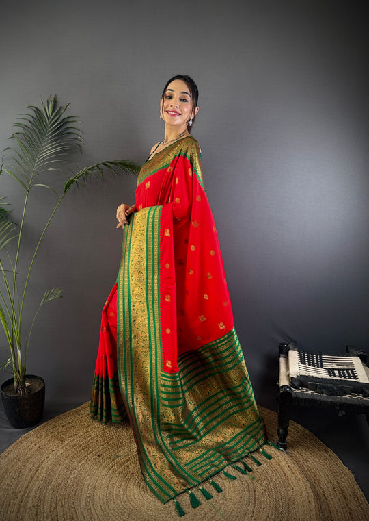 Red Soft Silk Zari Woven Designer Saree With Blouse
