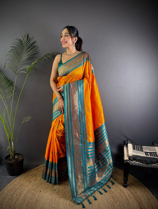 Orange Soft Silk Zari Woven Designer Saree With Blouse